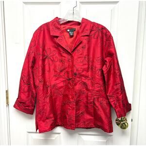 Carole Little Blouse Red Raw Silk Black Floral Embroidery Lined Untuck Women's L